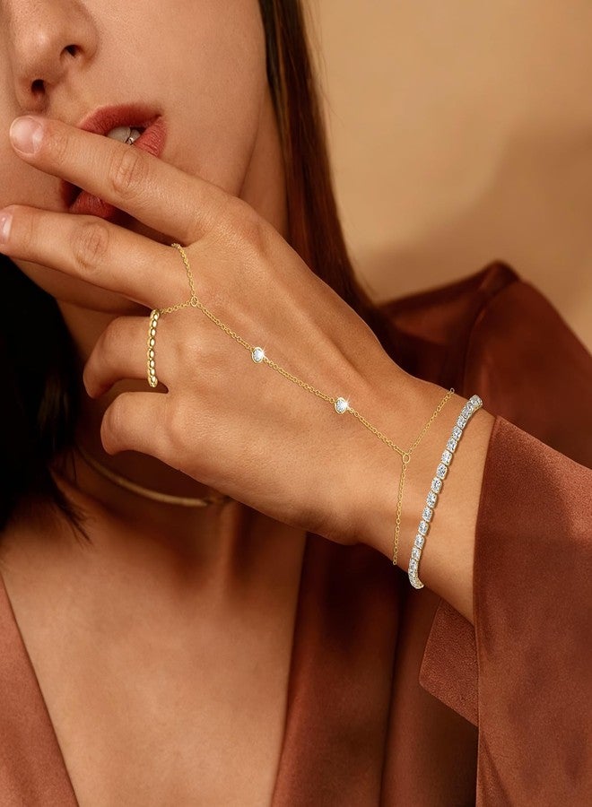 MOINSPIRE Gold Hand Chain Bracelet for Women-3PCS 14K Gold Plated Trendy Dainty Adjustable Stackable Tennis Link Ring Bracelet Hand Chain, Elastic Beaded Rings Non Tarnish Jewelry Gift for Women - Image 4
